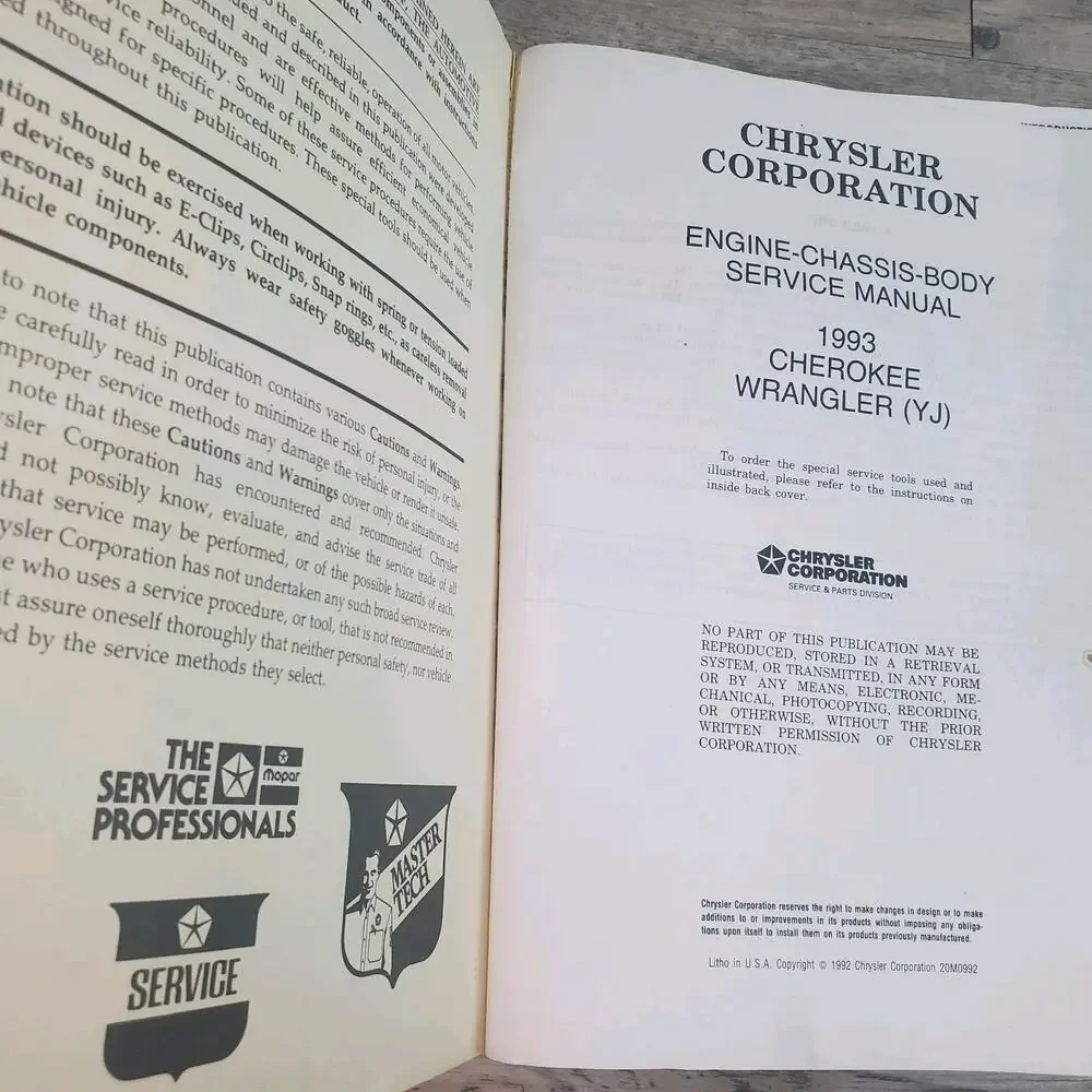 OEM 1993 Jeep Cherokee Wrangler 93 YJ Service Manual Chrysler Used 81-370-3145